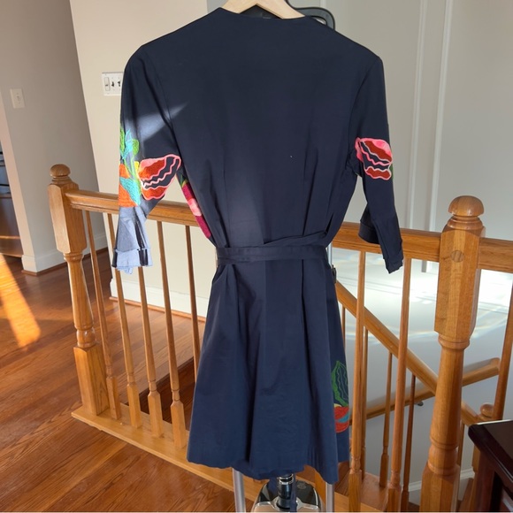 Almatrichi Blue Cotton Wrap Dress with Colorful Flower Stitching - Picture 3 of 10